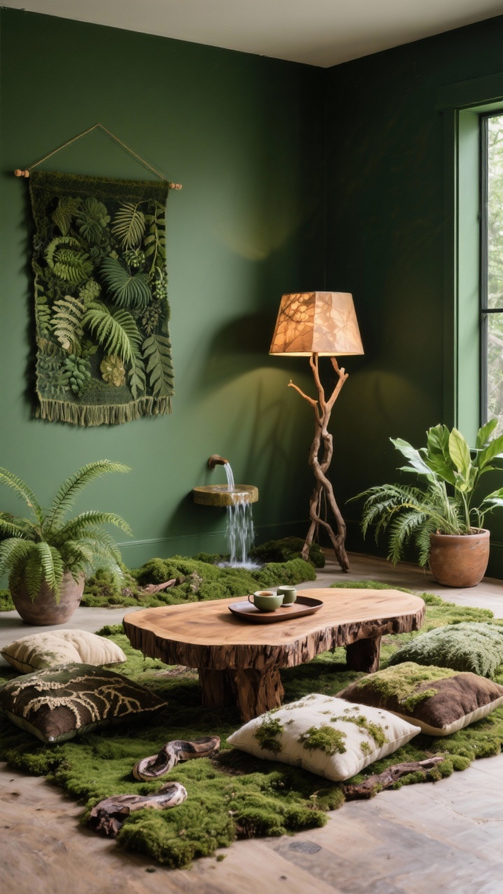 Medium corner angle, Forest Retreat: deep moss green walls and a chunky wool rug like a forest floor, a live-edge low table centered with a small tea tray, cluster of floor pillows in fern, bark, and lichen tones. Botanical textile hanging on wall, small water fountain for ambient sound, branch-inspired floor lamp with warm paper shade casting dappled light. Potted ferns and a snake plant soften edges. Moss, forest green, bark brown, cream palette, lush and soothing mood, photorealistic.