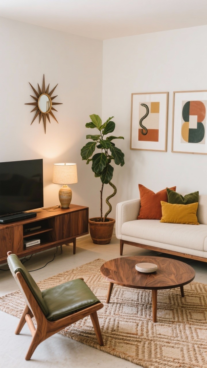 Medium corner angle: Mid-century modern setup with a streamlined walnut media console and a low-profile sofa on tapered legs. A round walnut coffee table sits on a geometric flatweave rug. Pillows bring earthy tones—terracotta, olive, mustard—and a ceramic table lamp glows warmly. On the wall, a starburst mirror or graphic triptych. Include a classic accent chair: leather sling or olive upholstered lounge. Planters with a rubber tree and a snake plant add height. Surfaces are clear and cords are tidy to let the silhouettes shine. Palette: walnut, terracotta, olive, mustard, cream.