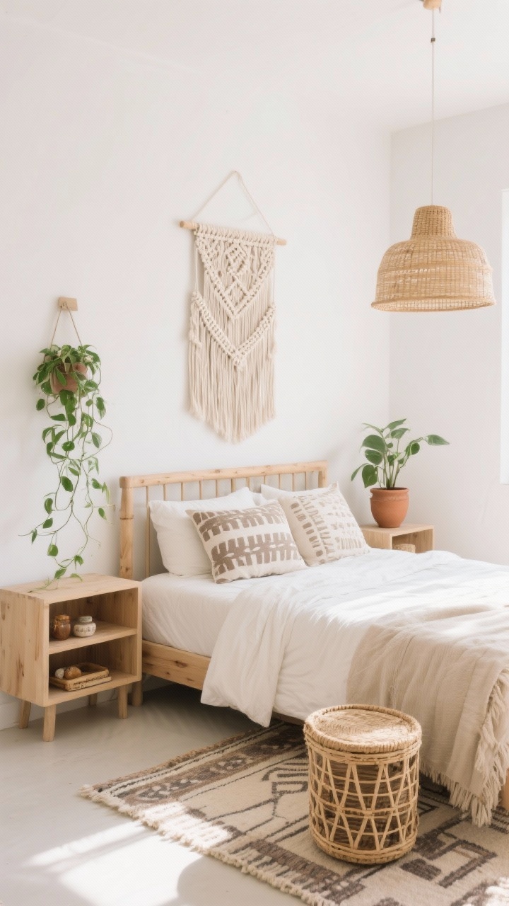 Medium corner angle, Minimalist boho with edited layers: warm white walls and a simple pine bed; cream macramé art in restrained size above the headboard; muted taupe block-printed pillows, flat-woven kilim rug in faded neutrals; woven drum pendant casting soft shadows; lightweight rattan or light wood nightstands with open shelves; a single trailing pothos in a clay pot; lidded basket corralling small treasures; surfaces clear, relaxed and breezy, photorealistic natural daylight.