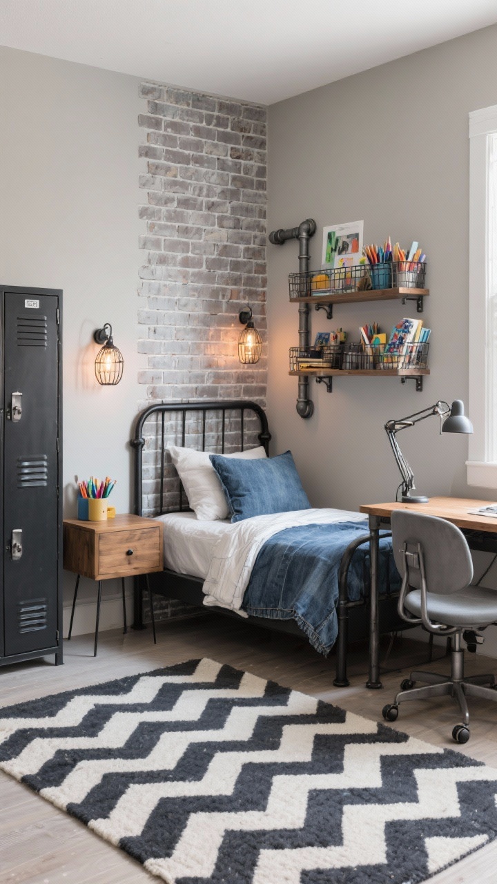 Medium corner angle, photorealistic: Urban loft-inspired kids room with soft greige walls and a peel-and-stick brick feature wall behind a matte black metal bed. A charcoal-and-cream herringbone rug grounds the space. Locker-style nightstand beside the bed; wood-and-metal desk with a rolling desk chair. Pipe shelving displaying collections; wire baskets corralling art supplies. Denim throw pillows and a washed-cotton duvet add softness. Lighting features caged sconces with warm bulbs on the brick wall and a pivot-arm task lamp on the desk. Industrial cool, monochrome plus denim palette. No people.