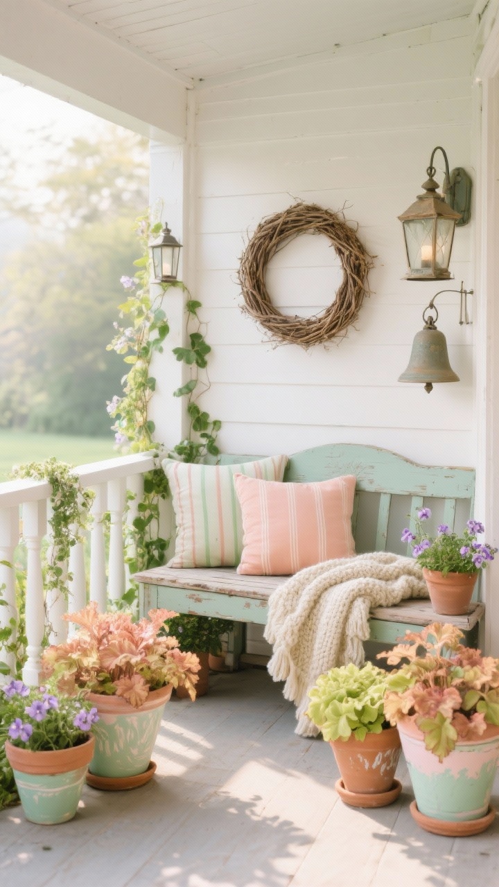 Medium, corner-angle porch scene with cottage-fresh charm: white or pale sage porch railing, a weathered bench with striped outdoor cushions and a chunky knit throw; a scatter of hand-painted terracotta pots in soft pastels filled with Heuchera ‘Peach Flambé’ and ‘Lime Marmalade’, trailing ivy, and dainty violas; vintage-style bell, cottage lanterns, and a willow wreath on the wall; palette of peach, lime, blush, and cream; soft morning natural light catching the ruffled heuchera leaves; whimsical but unfussy mood, photorealistic.