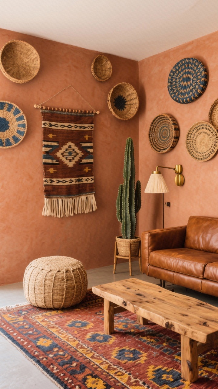 Medium corner-angle shot focusing on a clay-toned accent wall with a centered vintage-inspired textile (mudcloth or fringed wall hanging), surrounded by circular woven baskets in varying sizes and patterns layered organically; below, a caramel leather sofa and chunky mango-wood coffee table; patterned kilim rug in rust, saffron, and indigo; add a brass wall sconce with a linen shade casting a gentle warm glow; include a tall cactus on a plant stand for height and a round jute pouf echoing basket shapes; warm terracotta, camel, brass, and indigo color story, tactile mixed materials, cozy boho vibe.