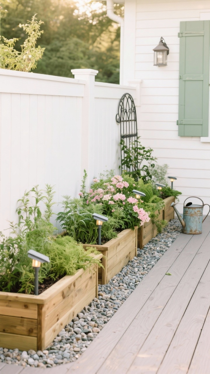 Medium, corner-angle shot of a cottage garden deck skirt featuring integrated cedar planter boxes along the skirt line with a crisp white panel backdrop that makes greenery pop. Lush herbs and soft blush blooms cascade over edges; base filled with pea gravel for drainage. Solar stake lights punctuate the border. Include a wrought-iron trellis and vintage watering cans nearby. Color palette: white, sage, fern green, soft blush. Soft morning light for a tidy, charming feel.