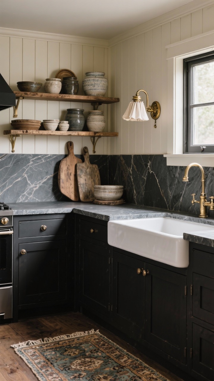 Medium corner-angle shot of a moody modern farmhouse kitchen with honed charcoal soapstone countertops and a short matching soapstone backsplash; matte black lower cabinets contrasted by creamy beadboard uppers; antique (aged) brass sconces with linen shades casting a gentle glow; a classic farmhouse sink; open rustic oak shelves stacked with stoneware; weathered cutting boards leaning against the wall; a vintage rug runner along the floor; cozy, patina-rich ambiance.