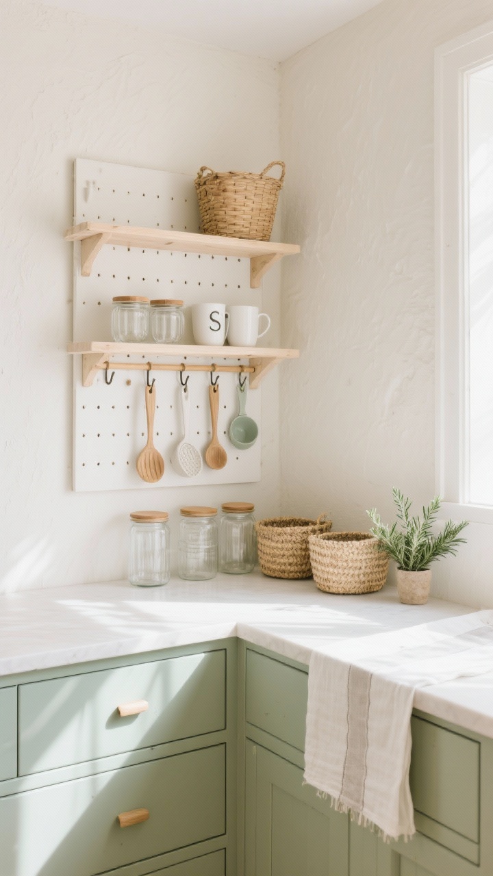 Medium corner-angle shot of a Scandinavian open-shelving nook: whitewashed pine floating shelves against a creamy plaster wall, a full-height birch pegboard with adjustable pegs holding baskets, scoops, and mugs; below, flat-front drawers in pale sage; shelves styled with clear glass jars with oak lids and woven seagrass bins; a linen runner on the counter and a tiny potted rosemary; whites, sage, and blonde wood palette with bright natural sunlight and airy shadows; rail with S-hooks for scoops and measuring cups.