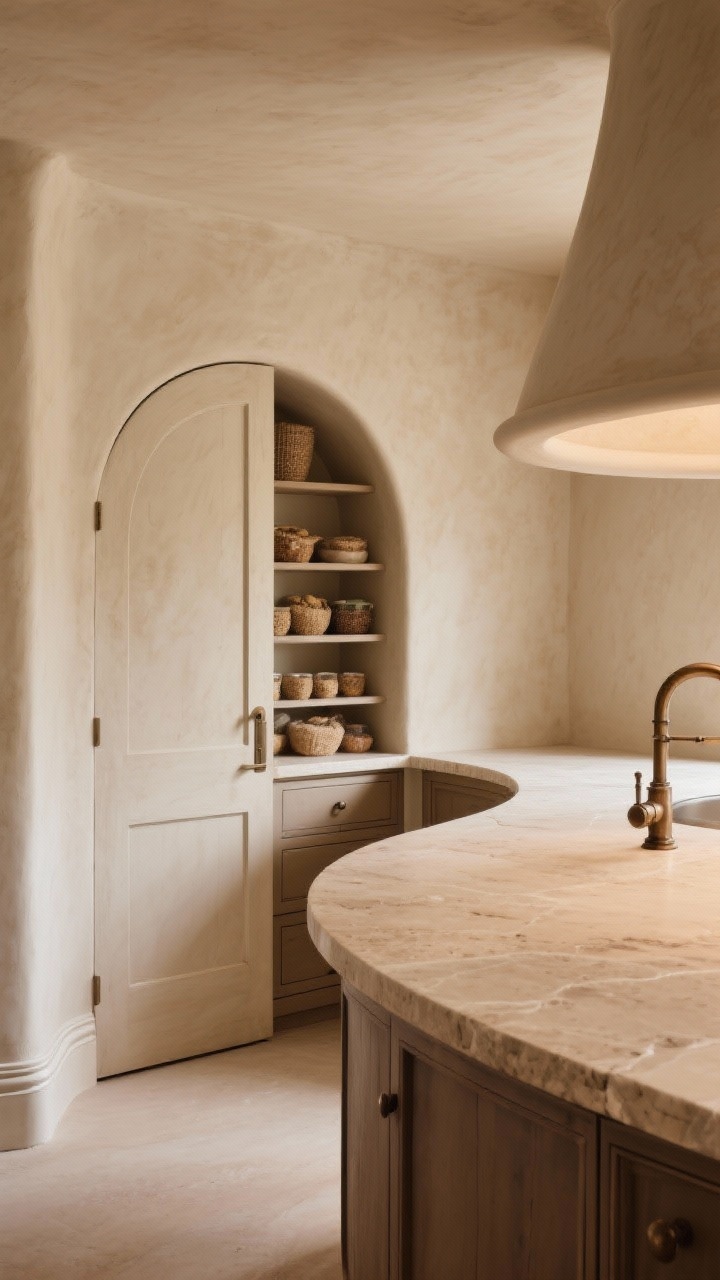 Medium corner-angle shot of a sculptural kitchen featuring a rounded corner pantry with a seamless plaster-finish curved door blending into a plastered hood and softly curved island edges; door open to reveal shelves following the curve, a lazy Susan corner for dry goods, and hidden toe-kick drawers; earthy palette of warm putty walls, travertine-look counters, aged bronze fixtures; limewash/Venetian plaster texture visible; continuous base molding emphasizing the architectural curve; warm, soft ambient lighting.