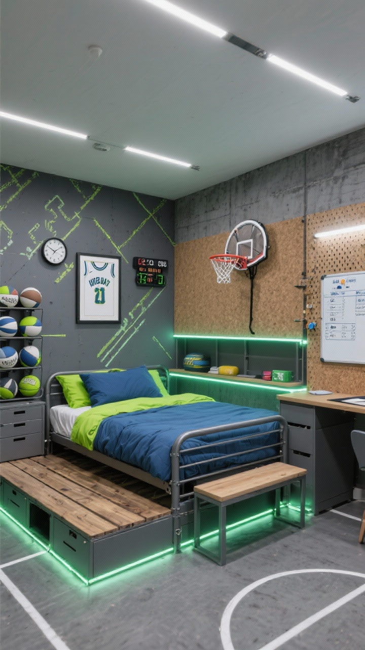 Medium corner angle, Urban Sports Loft: charcoal gray walls with one feature wall in concrete-look peel-and-stick wallpaper; platform bed with a metal frame and chunky wood slats; neon accents in lime and cobalt in bedding, LED strip lighting under the bed and shelf edges, and wall decals shaped like court lines; storage with wall-mounted ball racks, under-bed drawers, and a bench with flip-top storage at the foot; decor includes a framed jersey, a scoreboard-style wall clock, and a mini hoop mounted over a cork wall panel; a narrow wall desk with a magnetic whiteboard and pegboard displaying training schedules; crisp, energetic lighting with cool white LEDs; photorealistic, no people.