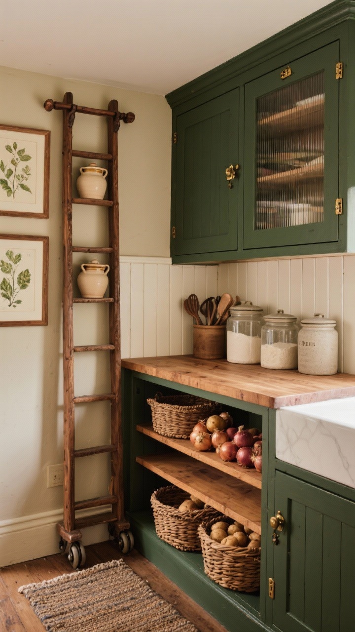 Medium corner-angle view of a cozy English larder with a rolling library ladder: painted inset cabinetry in a moody deep olive with aged brass latches and cup pulls, butcher block counter, cream beadboard backsplash, upper cabinet doors in reeded glass, stained oak ladder on a rail, crocks for utensils and lidded stoneware canisters for flour on the counter, woven baskets for potatoes and onions on lower shelves, honey oak tones, framed botanical prints on the wall, a narrow wool runner on the floor; warm, soft lighting to emphasize cottage charm and patina.