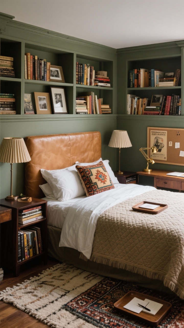 Medium corner shot: A collected writer’s nook bedroom with library green-gray walls and a camel leather headboard. Bedding mixes percale sheets, a quilted coverlet, and a vintage kilim pillow for color. A built-in or freestanding bookcase filled with favorite reads and framed snapshots, plus dark-wood nightstands with open shelves stacked with novels. Include a slim writing desk with a linen pinboard and brass task lamp, layered rugs (a flatweave under a smaller patterned wool), patterned pleated lampshades, and a framed vintage poster; warm, intimate lamplight, cinematic and lived-in, no clutter beyond styled trays with notecards and a beautiful pen.