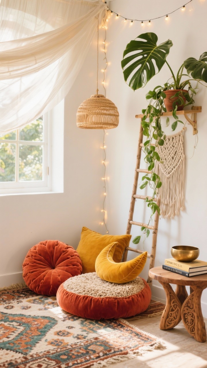 Medium corner shot, Boho Sun-Drenched Sanctuary: a bright, sunlit corner with a floor cushion trio layered on a patterned kilim rug—plush velvet bolster in terracotta, tufted round pillow in marigold, supportive buckwheat crescent in rust; creamy white walls; carved mango wood side table topped with a small stack of poetry books and a brass singing bowl; rattan pendant overhead and twinkle lights draped along a macramé wall hanging; oversized monstera and trailing pothos on a ladder shelf; canopy of sheer voile overhead for airy retreat vibes; warm, vibrant palette of terracotta, marigold, sage, and cream; photorealistic, corner angle.