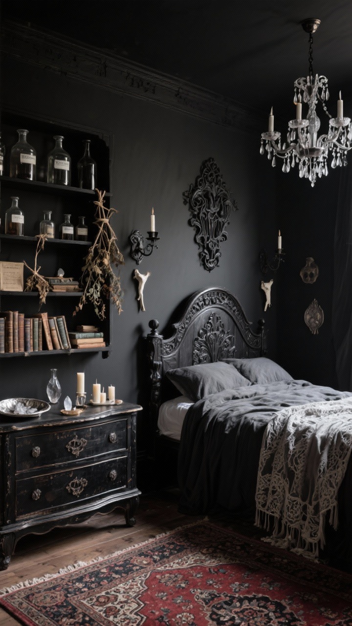 Medium corner shot: Gothic Boho Apothecary with inky black eggshell walls and a carved dark wood canopy bed dressed in smoky charcoal linen and a lace-overlay throw for Victorian drama. Along one wall, open shelving filled with apothecary bottles, vintage books, and dried botanicals tied with twine. Floor shows a Persian rug in ink and oxblood leading to a vintage dresser topped with tarnished silver trays holding crystals and candles. Lighting from ornate black-painted sconces and a candelabra-style chandelier, pewter-bone accents, moody glimmer, photorealistic.