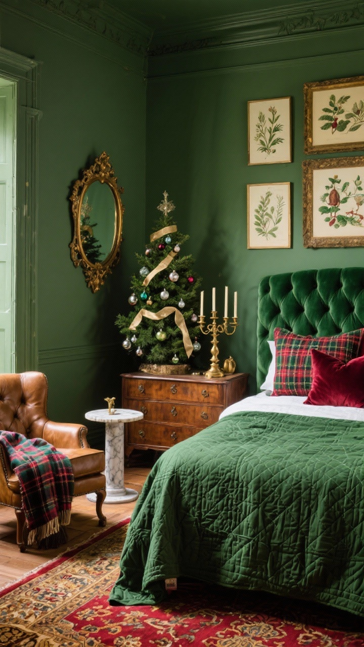 Medium corner shot, photorealistic: Old-World Evergreen & Brass scene with deep green walls, a tufted velvet headboard in emerald, bed layered with burgundy velvet pillows, tartan shams, and a hunter green quilt folded at the end; a Persian-style rug in reds and golds underfoot; dresser topped with aged brass candlesticks and a vintage mirror above; a tabletop evergreen tree decorated with glass ornaments and silk ribbon; framed botanical prints and antique Christmas illustrations; a leather club chair with a plaid throw next to a small round marble side table; warm, heritage manor ambiance; no people.
