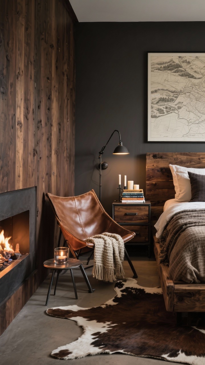 Medium corner shot, Warm Modern Rustic reading nook: moody espresso wood tones, tobacco leather, oatmeal, and charcoal palette; leather sling chair with a knit throw beside an iron swing-arm sconce; small side table with candle cluster in smoked glass; stack of travel books; backdrop shows chunky wood bed with textured bedding (flannel shams in cooler palette) and an industrial metal-and-wood nightstand with deep drawers; cowhide or wool rug underfoot; muted landscape or topographic map on the wall. Warm, fireside glow lighting, cozy atmosphere.