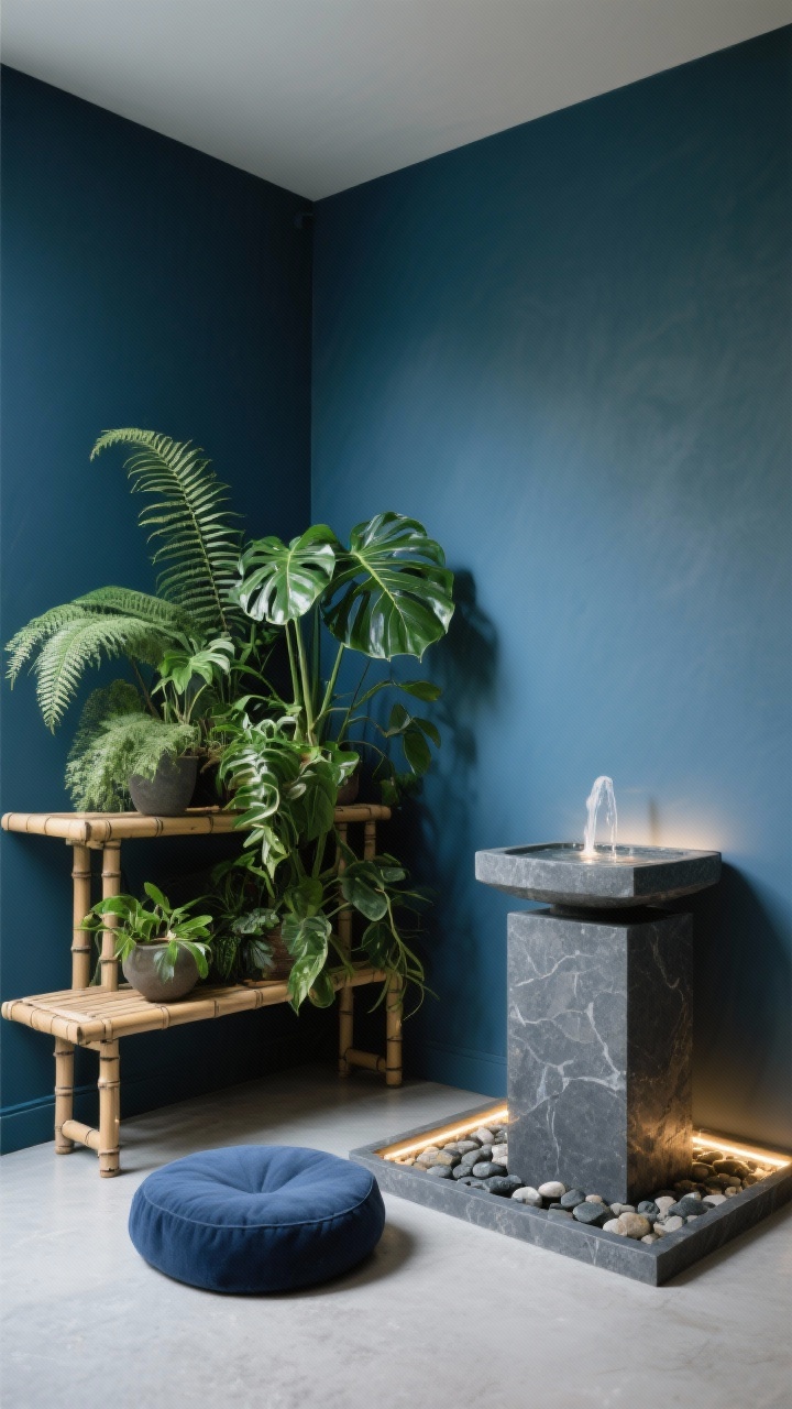 Medium corner shot with nature focus: Stormy blue wall behind a cluster of leafy green plants—fern, pothos, and monstera—arranged on a bamboo shelf at varied heights next to a low slate water fountain centered as the focal point; a navy floor cushion placed nearby for meditation; indirect LED strip behind the fountain adds gentle shimmer; pebble-lined tray beneath the fountain catches reflections; tones of stormy blue, forest green, and slate; tranquil, photorealistic, no people.
