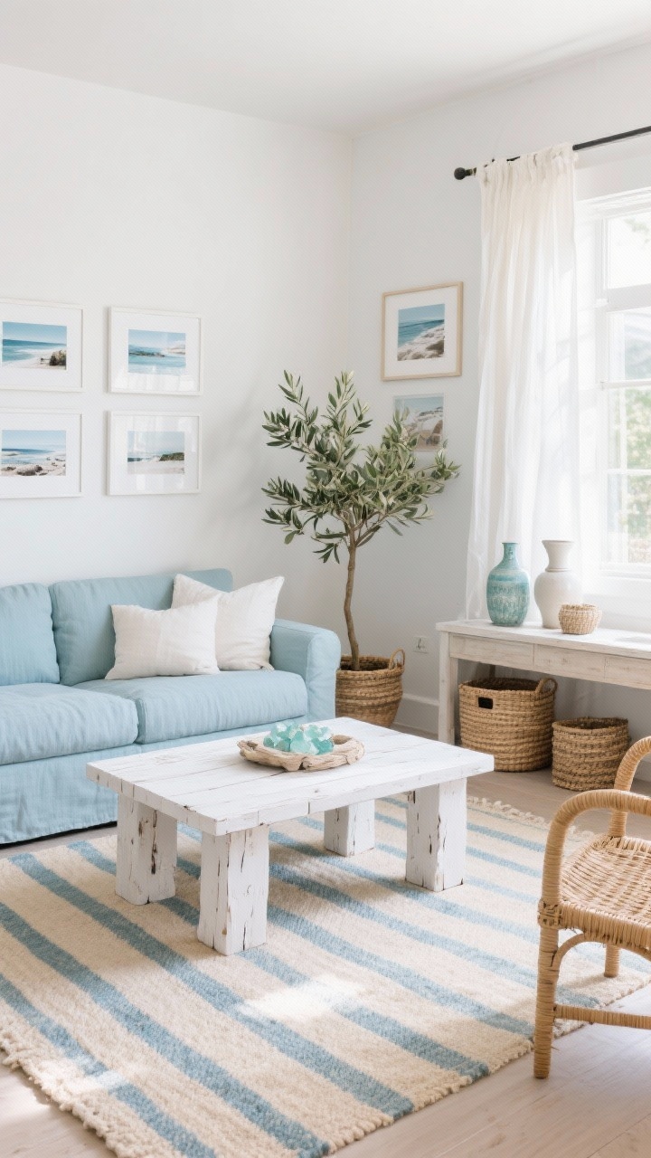 Medium corner view, Coastal Chic Corner Retreat: A bright corner layout with a light blue slipcovered sectional with relaxed cushions, anchored by a striped flatweave rug in sand and blue. A whitewashed wood coffee table with chunky legs sits center; palette of sea glass, white, sandy beige, and driftwood tones. Framed coastal photography with white mats on the walls, woven baskets and ceramic vases styled on a nearby console, and a rattan side chair. Sheer linen curtains diffuse sunlight; fresh greenery with a potted olive tree completes the scene. Breezy, coastal, photorealistic.