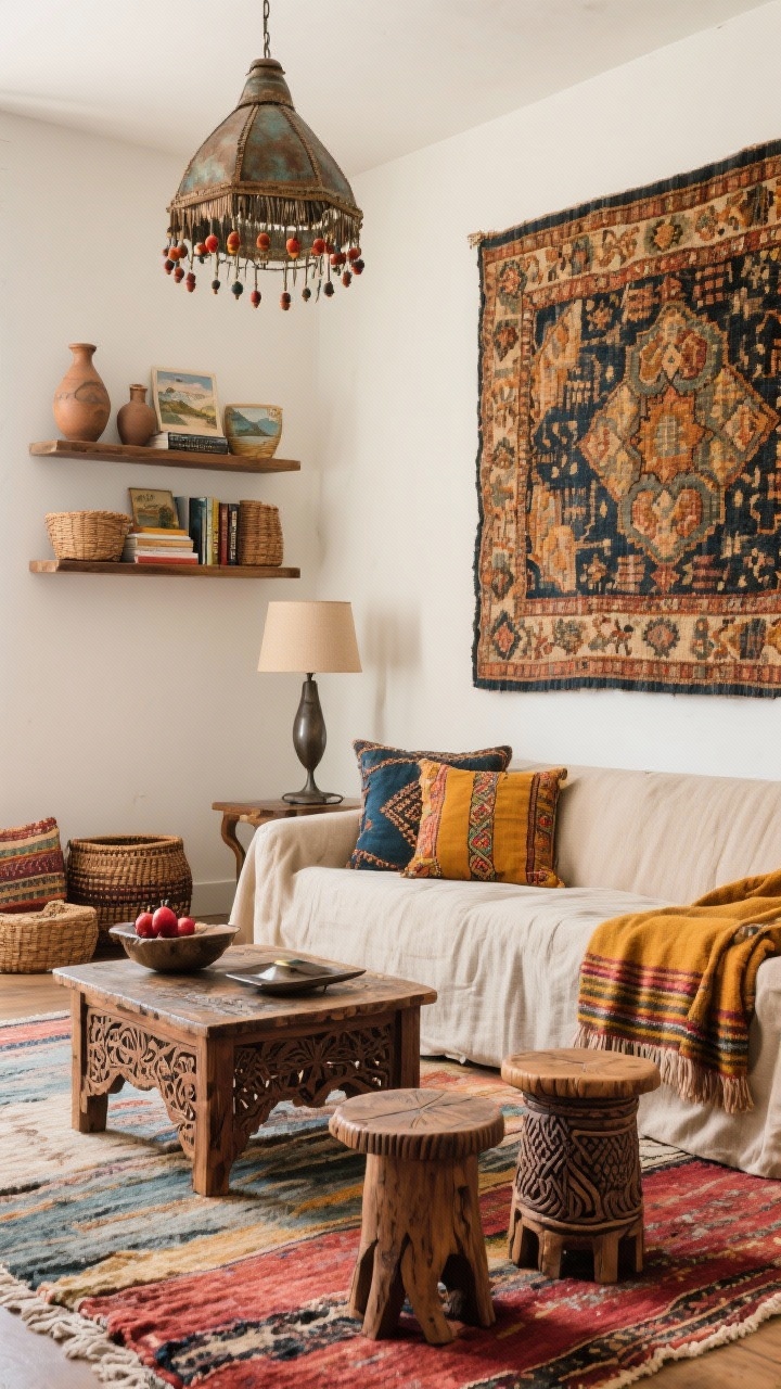 Medium corner view: Global artisan eclectic living room anchored by a neutral slipcovered sofa and a vintage hand-knotted rug bursting with character; mix of wood tones and silhouettes: carved Indian coffee table, African stools as side tables, and a Mid-Century floor lamp; color story from textiles—saffron, indigo, ochre, pomegranate in hand-loomed throws, mud cloth pillows, and embroidered cushions; walls with floating shelves holding ceramic vessels, travel books, and woven baskets; one oversized tapestry as a focal wall balanced by smaller artisan pieces; layered rugs underfoot, statement pendant with beads/fringe above, touches of patinated metal; personal, storied, perfectly imperfect, photorealistic.