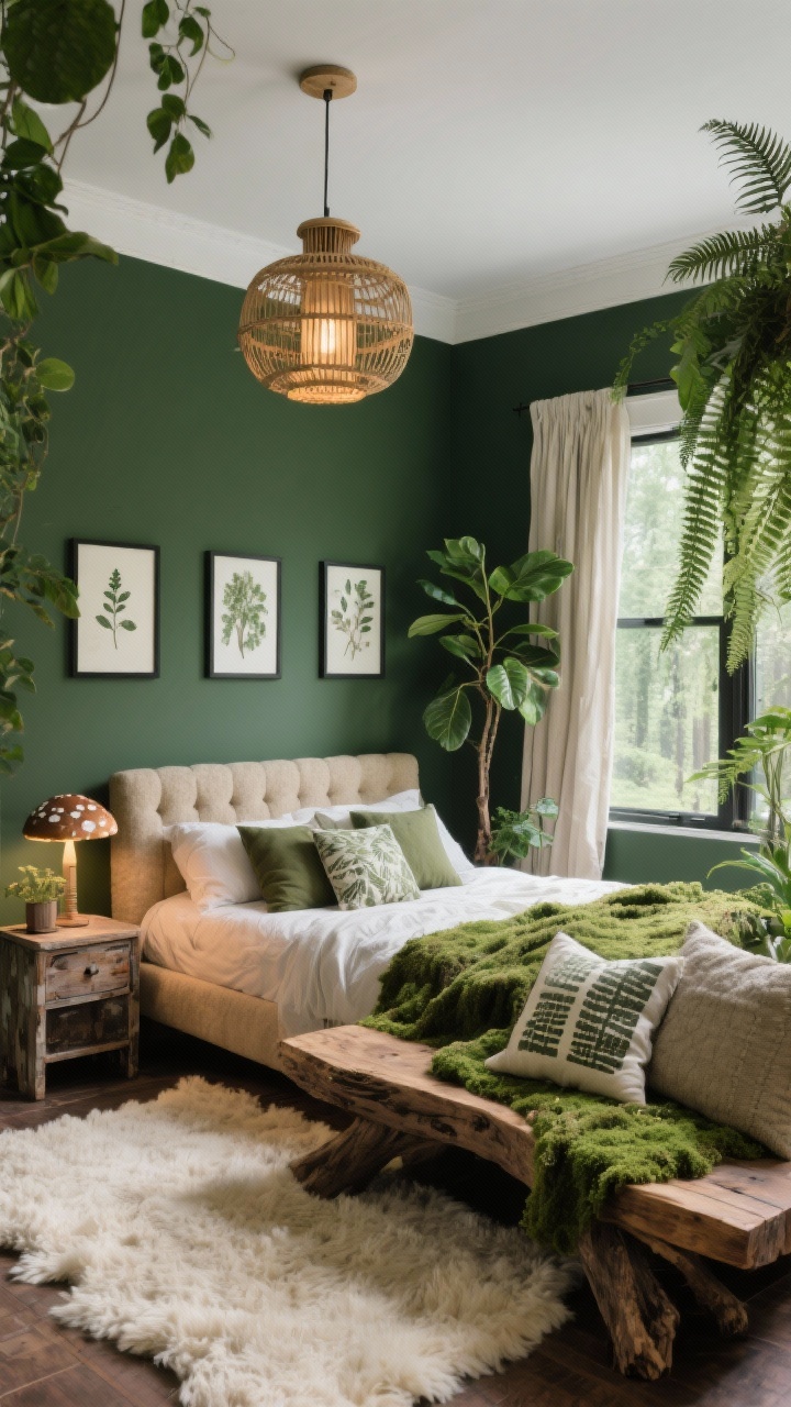 Medium corner view: “Mossy Woodland Sanctuary” with deep moss-green walls, white ceiling, and linen curtains; a soft nubby-beige upholstered bed between mismatched vintage wood nightstands; cream wool shag rug underfoot; live-edge wood bench under a window piled with textured cushions and a mossy throw; lush greenery—ferns, trailing pothos, rubber tree; lantern-style rattan pendant overhead, mushroom table lamps glowing warmly; olive linen duvet and forest-toned block-print pillows; pressed botanical prints in thin black frames. Moody yet fresh forest ambience, photorealistic.