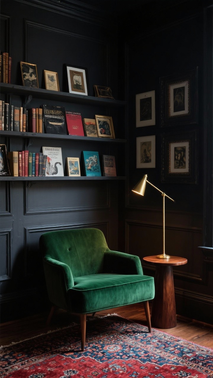Medium corner view of a moody library nook, dramatic deep charcoal walls with DIY picture-frame moulding, velvet armchair in forest green angled toward a walnut side table, skinny brass floor lamp arcing light onto a layered wall-length picture ledge holding art, vintage book covers, and black-spray-painted thrifted frames; Persian-style rug in rich reds and blues grounding the space; textures of velvet, leather, wool, and aged wood; intimate, low, warm lighting with soft shadowing.