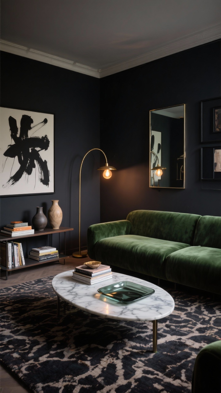 Medium corner view of a moody modern lounge: one deep charcoal feature wall, low velvet sofa in forest green, marble (or faux-marble) oval coffee table, slim brass arc floor lamp casting warm glow; layered lighting with warm Edison bulbs in a table lamp and floor lamp; patterned rug with a dark base; abstract art with bold strokes in black frames; metal-framed mirror reflecting soft light; sculptural ceramic vases, stacked art books, and a smoked glass tray on the coffee table; cozy, dramatic atmosphere, photorealistic.
