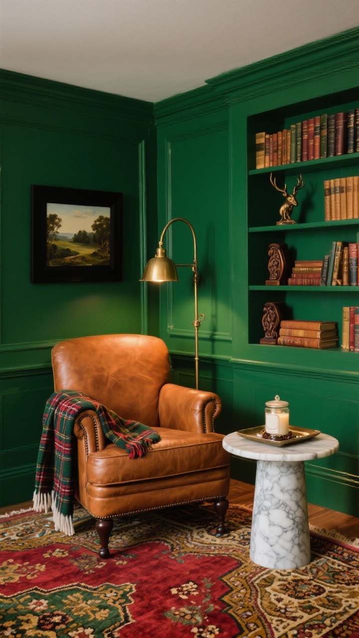 Medium cozy corner: Deep green library nook with walls and built-ins painted rich forest green. A caramel leather club chair with rolled arms, tartan wool throw draped over the back. Persian-style rug in reds, golds, and hunter green grounding the scene. Brass pharmacy lamp arcing over a marble-topped side table holding a lidded jar candle (smoky vanilla/clove) on a heat-safe tray. Shelves styled with vertical and horizontal book stacks, carved wood bookends, a black-framed landscape painting, and a small bronze stag. Warm, focused lighting, photorealistic, no people.