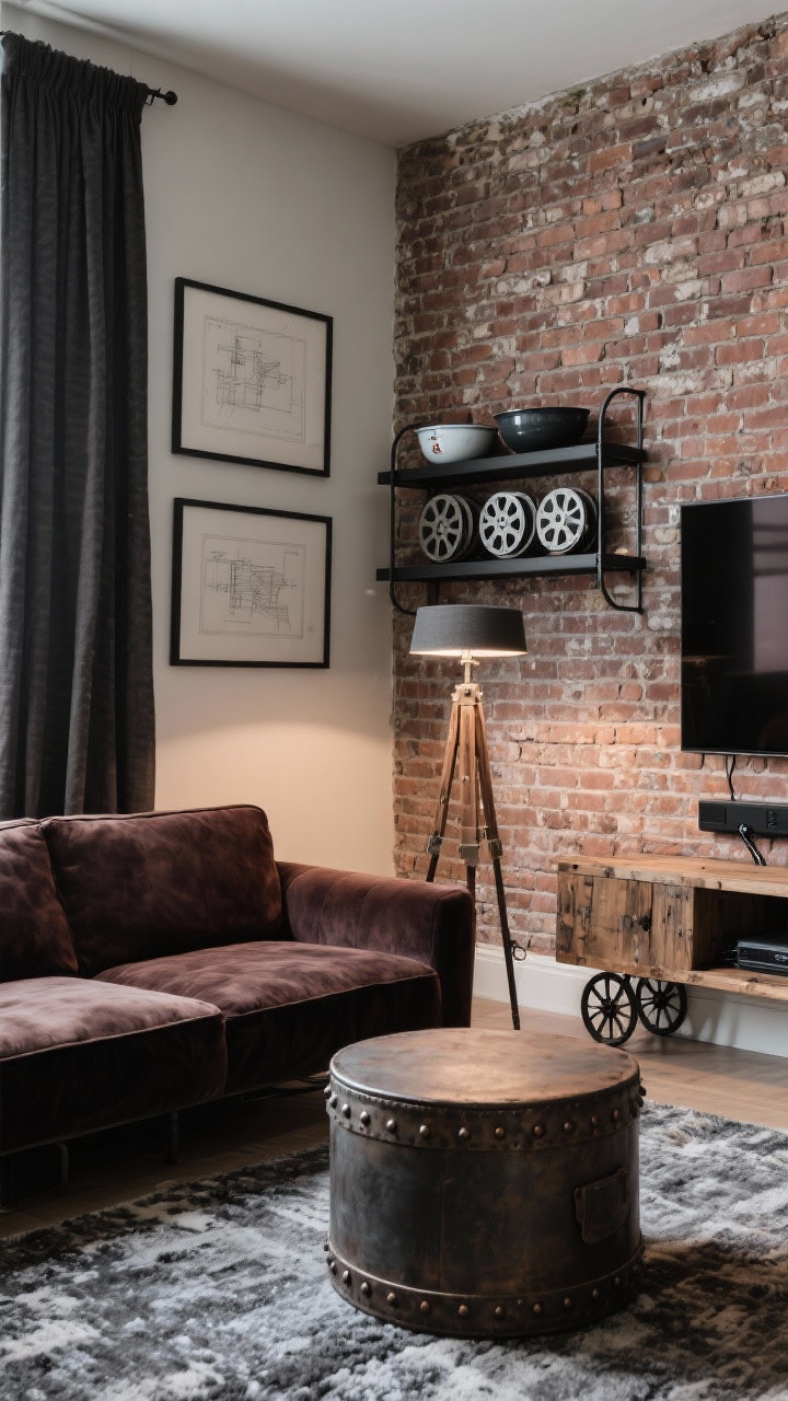 Medium cozy corner shot: Brick-backed media den with one wall of exposed brick (sealed, matte) flanked by floating black steel shelves holding old film reels, enamelware bowls, and framed blueprint sketches. A deep tobacco velvet sectional invites lounging, paired with a round riveted drum coffee table on a heathered wool rug in charcoal and stone. A vintage-inspired tripod floor lamp throws cinematic, moody light; blackout linen curtains reduce glare. Opposite wall glimpses a low reclaimed wood console with cast-iron wheels and a discreet soundbar with clean cord management. Photorealistic, inviting.