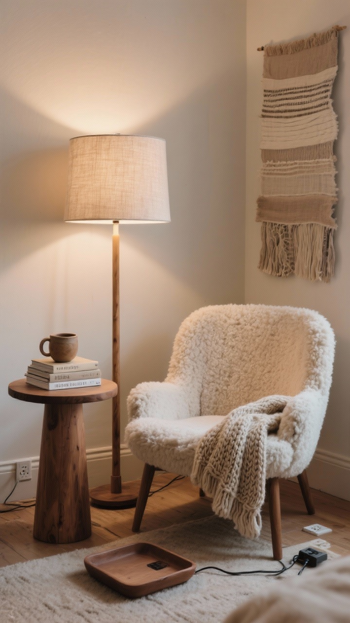 Medium, cozy reading corner: a curved sherpa chair next to a small round oak side table; a wood-and-linen column floor lamp with a tall shade glowing from top to bottom like a candle; layered textile art softening the wall; hand-thrown mug and a small stack of poetry books on the table, knitted throw draped over the chair; palette of oatmeal, fawn, soft white, muted clay; tray-style outlet cover on the floor keeping cords tidy; low, soothing evening light; photorealistic.