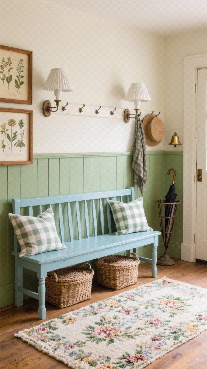 Medium, cozy vignette of a cottage farmhouse wall: sage-green beadboard halfway up with creamy white above, a painted spindle-back bench in soft duck egg blue centered under a coat rack, a floral hooked rug underfoot, gingham pillows for pattern play, white ceramic wall sconces with pleated shades casting warm light, wicker lidded baskets tucked under the bench, botanical herbarium-style prints in wood frames, a vintage umbrella stand by the door, and a small brass bell; warm, inviting ambiance.