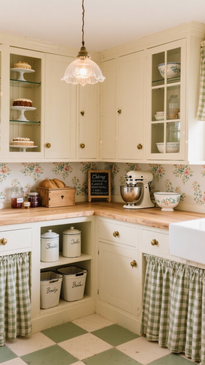 Medium, cozy vignette of a cottagecore pantry: soft cream cabinets with antique brass knobs, floral wallpaper peeking between shelves, glass-front uppers showcasing cake stands, jam jars, and ironstone bowls; butcher-block counter with a stand mixer ready to use; checked café curtains under-counter concealing bins; hinged-lid glass jars with handwritten labels; a small mini chalkboard noting baking staples; milk-glass pendant glowing warmly; checkerboard floor in cream and sage; vintage wooden bread box and enamel canisters styled on a lower shelf; nostalgic, softly lit atmosphere.