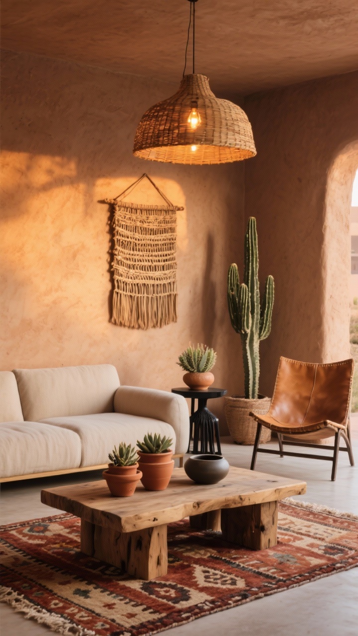 Medium desert modern living scene: clay/adobe accent wall glowing in warm light; camel leather chair beside a neutral sofa; woven wall hanging centered; cactus and a smaller succulent as sculptural greenery; flat-weave Moroccan-inspired rug in rust and sand; raw wood low, chunky coffee table with matte ceramics and terracotta pots clustered; black iron accent side table; rattan pendant overhead with warm bulbs; earthy, grounded warmth at golden hour, photorealistic.
