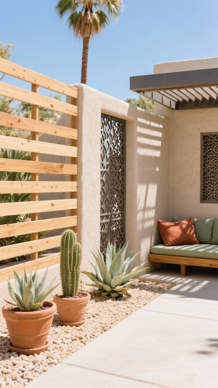 Medium, desert-modern side yard in bright sun: Accoya fence in a shadowbox horizontal pattern with occasional wider planks for visual rhythm, finished in a light semi-transparent stain. Layered gravel beds in bone and sand, terracotta pots with sculptural cacti and agaves. Warm stucco tones on adjacent wall, weathered steel screens casting patterned shade. A slimline pergola and a low cedar daybed with rust and sage cushions. Crisp, sun-kissed Palm Springs vibe, photorealistic.