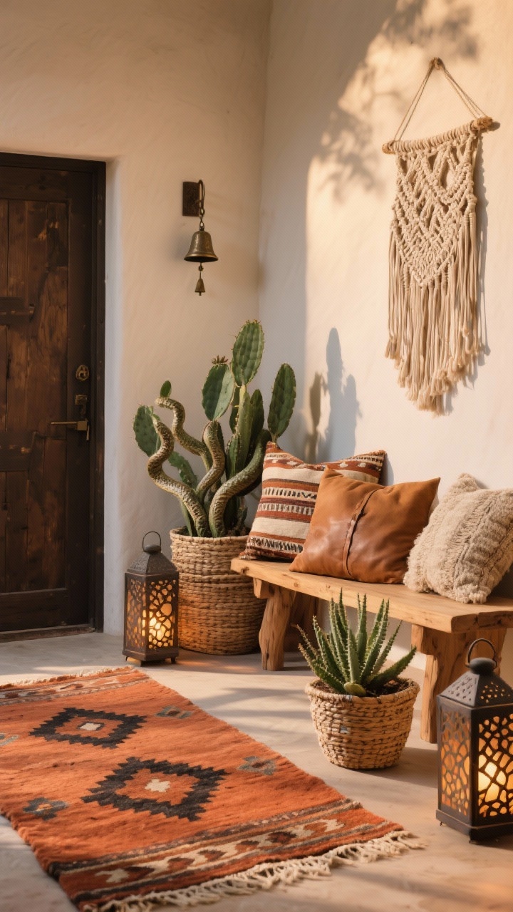 Medium detail-focused shot of a desert boho entry in warm late-afternoon light: terracotta-toned rug layered under a geometric kilim runner, woven baskets repurposed as planters holding sculptural succulents and snake plants, a low acacia bench with textured pillows—mudcloth, camel leather, and nubby cotton—stacked casually, a simple macramé wall hanging with a small bell chime near the door, lanterns with cutout patterns placed on the floor ready to cast shadow patterns at night; palette of clay, rust, cream, charcoal, and cactus green; tactile natural fibers; no people.