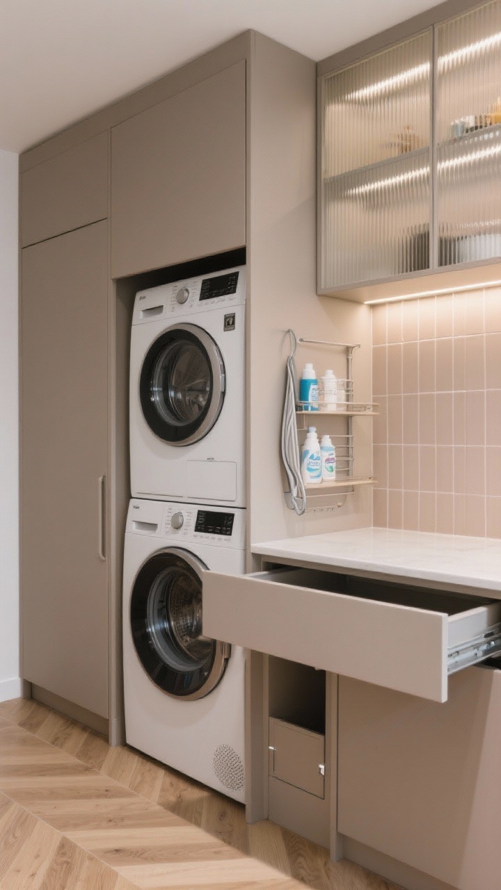 Medium detail of compact European utility wall: taupe-beige ultra-matte floor-to-ceiling cabinets with pocket doors partially open to reveal a stacked washer/dryer, a slim pull-out folding shelf gliding out. Slim porcelain slab counter, ribbed glass upper cabinet softly diffusing contents, narrow vertical tile backsplash in soft mushroom. Genius storage glimpses: slim pull-out for detergents, vertical rack for an ironing board, small hidden laundry chute door. Motion-activated LED strips glowing inside cabinetry. Light oak chevron flooring; elegant, efficient, tidy; photorealistic straight-on.
