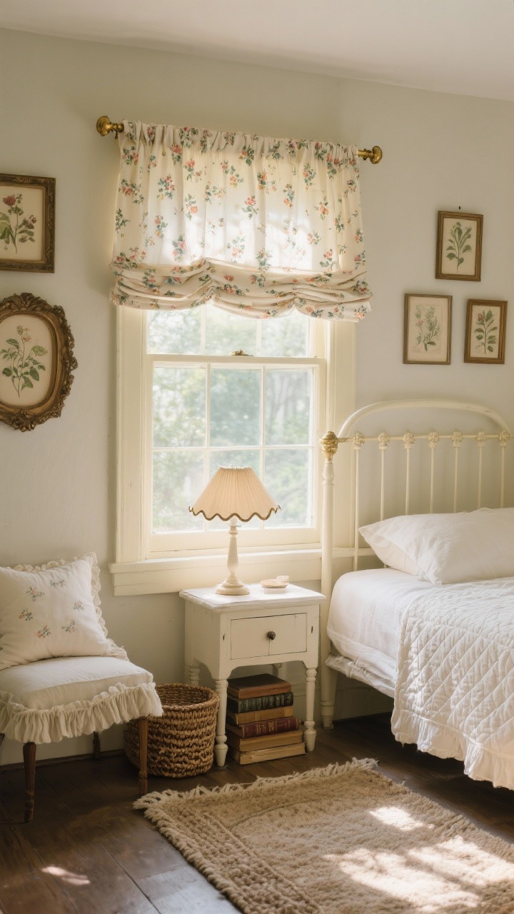 Medium detail of Cottagecore window wall: half-height café curtains in petite floral on brass café rods with tiny brackets, paired with a lined Roman shade above (fabric-covered) pulled halfway; buttercream-painted furniture; spindle bed with a quilted coverlet; antique frames with botanical prints clustered nearby; braided wool rug at the bottom edge of frame; ruffled pillow shams, vintage books, and a scalloped lampshade on the nightstand; soft, dappled morning light for a nostalgic, cozy mood.
