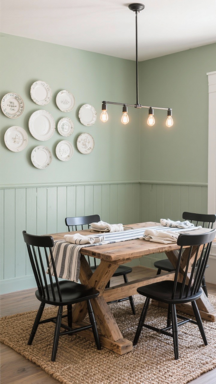 Medium dining room scene, modern farmhouse: board-and-batten wainscoting painted soft sage up to chair height with smooth wall above, reclaimed wood trestle table centered, mixed black Windsor chairs around it, linear iron chandelier with exposed bulbs casting warm glow, asymmetrical plate gallery wall of thrifted white plates above wainscoting, textiles include ticking stripe runner, linen napkins, woven placemats; palette of sage, natural oak, matte black, and charcoal accents.