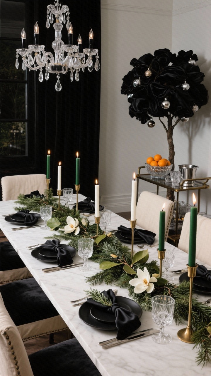 Medium dining scene, Black-Tie Evergreen: long dining table dressed with a runner of fresh pine and juniper tucked with glossy magnolia leaves; taper candles in mixed heights—black, ivory, and forest green—in slender brass holders; place settings of black stoneware, linen napkins tied with velvet ribbon, each with a sprig of rosemary; chairs with creamy linen slipcovers and some with black velvet cushions; chandelier above lightly dressed with clear glass ornaments and crystal drops; bar cart nearby with cut crystal glasses, a bowl of clementines, and a silver ice bucket; minimal nearby tree with black satin, clear glass, and metallic ornaments; palette of black, white, evergreen, and crystal; dramatic high-contrast evening lighting with soft candle glow, straight-on view.