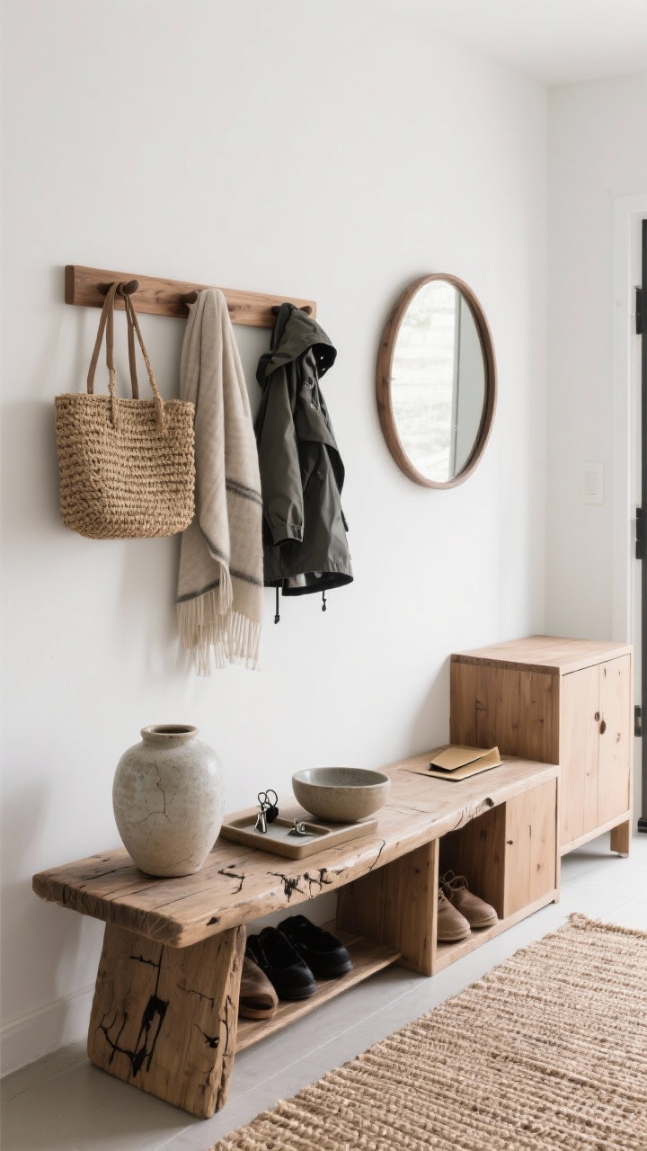 Medium entryway vignette capturing wabi-sabi purpose: a raw-edge wood bench beside a low, open shoe cabinet; wall-mounted oak peg rail holding a woven tote, neutral scarf, and a rain jacket. Bone white walls and natural wood tones. On the bench, a stoneware bowl for keys and a shallow tray for mail; a simple round mirror with thin black or wood frame reflects light. Flatwoven jute/sisal runner underfoot. Highlight subtle imperfections—hairline cracks in a ceramic vase, uneven glaze—for a handmade feel. Soft natural light, photorealistic.