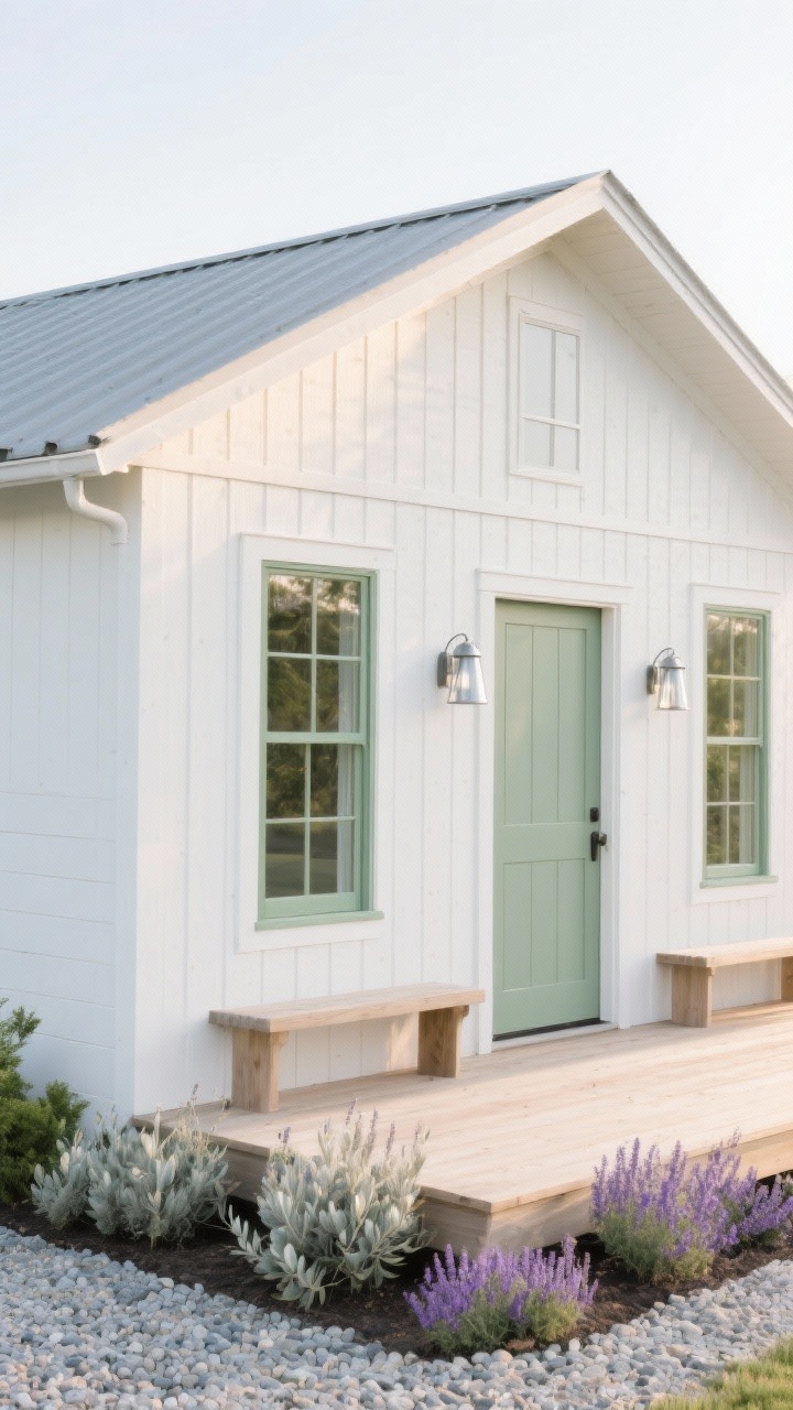 Medium exterior corner angle in soft morning light of a Scandinavian-inspired small barn with creamy white vertical board-and-batten siding and a light gray metal roof; tall, narrow windows with soft sage green frames and a matching sage front door; simple eave trim with no heavy brackets; a pale wood porch deck with a minimal bench; brushed galvanized barn lights; lavender borders, silvery olive shrubs, and a pea gravel patio creating an airy, serene mood.