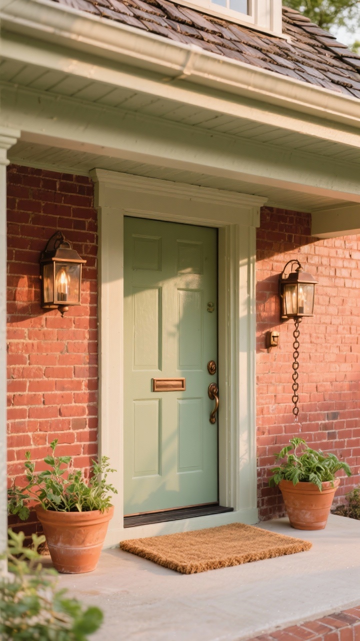 Medium exterior porch vignette at late afternoon: warm greige-painted trim around a red brick facade, a muted soft sage green front door with aged bronze hardware, oil-rubbed bronze wall lanterns, and a weathered wood-shingle roof edge visible above. Styling details include terracotta planters filled with culinary herbs, a natural coir doormat, and a copper rain chain catching soft light. Calm, heritage-home feel with creamy undertones and gently warm, sophisticated ambiance.