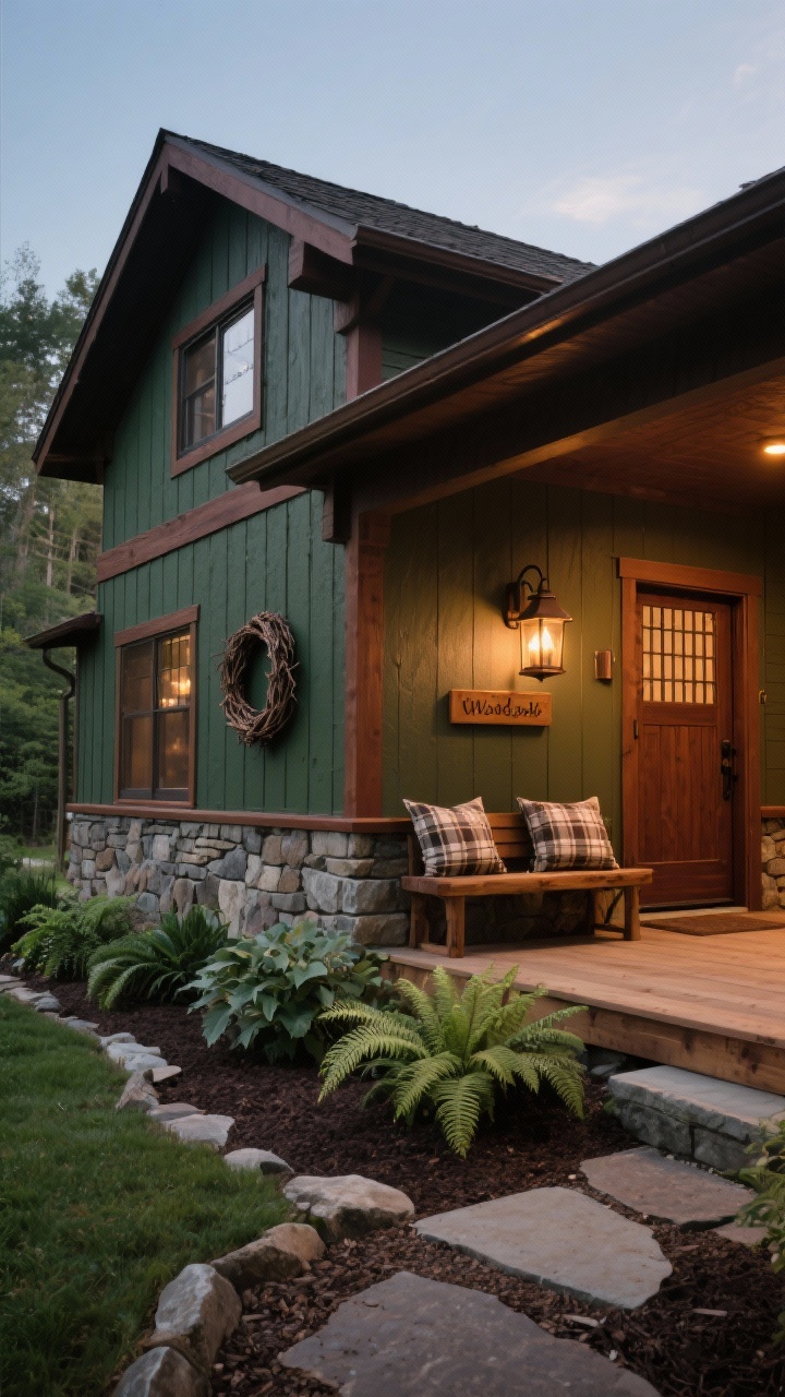 Medium exterior shot at a corner angle for Woodland Craftsman Retreat: deep olive exterior with chestnut trim, mahogany Craftsman-style door with grilles, stone-look skirting or stacked stone veneer grounding the base. Mission-style lantern sconces in oil-rubbed bronze glowing warmly at dusk, sturdy wood bench with plaid outdoor pillows on the porch, landscaping of ferns and hostas with mulch pathways edged in natural stone, solid wood address plaque and a simple twig wreath; cozy, grounded, high-end craftsman atmosphere.