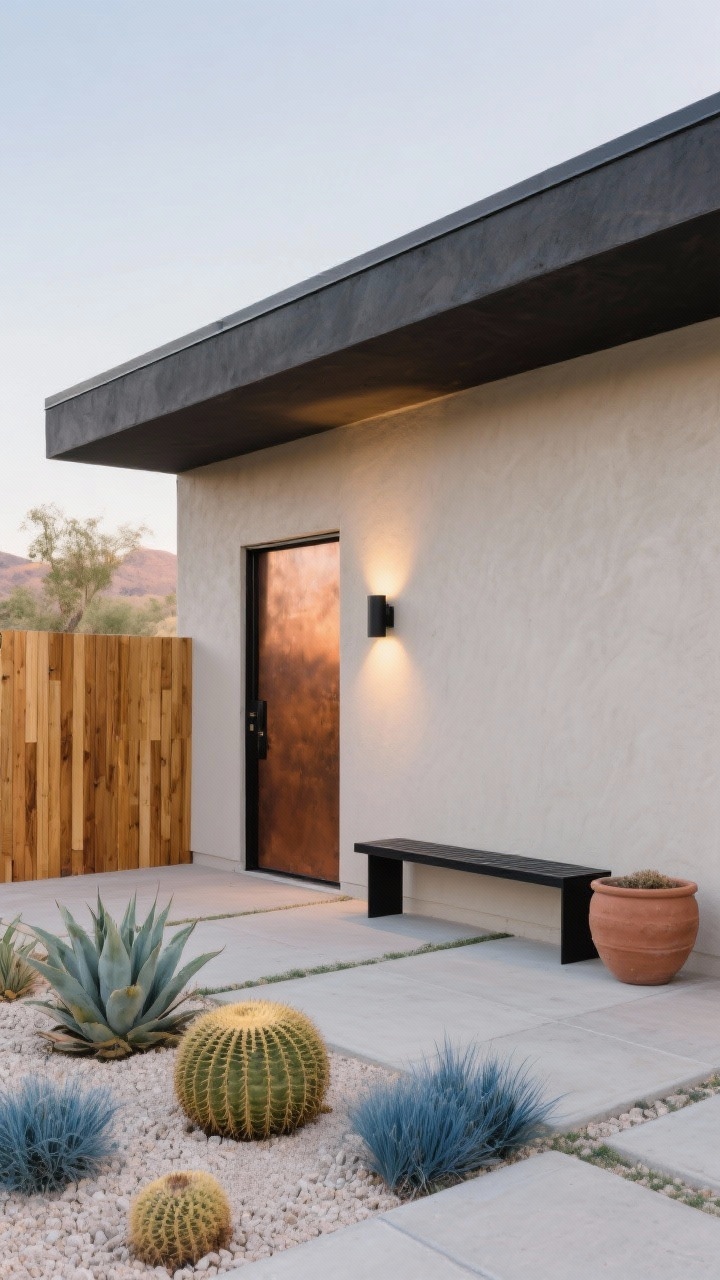 Medium exterior shot at a slight corner angle for Modern Desert Minimal: smooth greige exterior with charcoal trim, copper-toned door catching warm evening light, skirting replaced by vertical cedar slats in natural honey stain. Low-water landscaping with agave, blue fescue, and golden barrel cactus arranged in cream decomposed granite, large concrete pavers leading to the entry, slim matte-black up/down sconces casting graphic light, a long low black metal bench and one oversized terracotta planter; calm, intentional, modern.