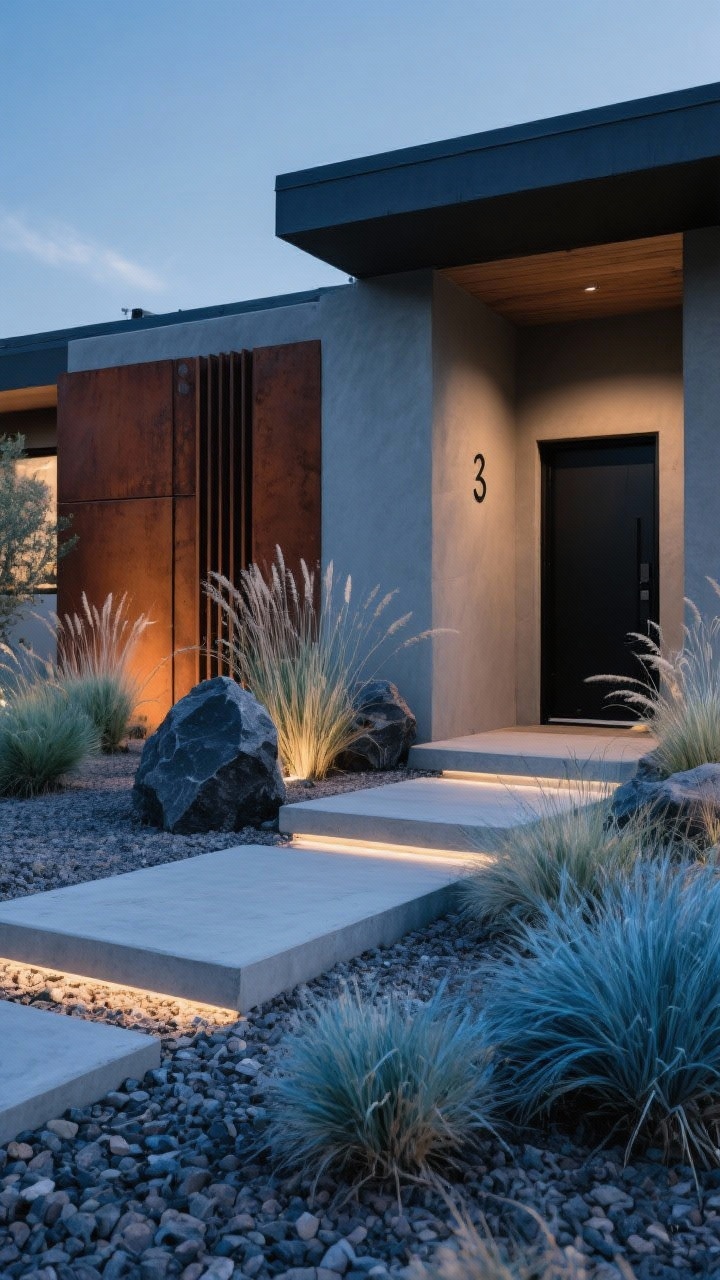 Medium, front entry desert-modern composition, late dusk: geometric concrete stepping pads set in a field of crushed granite; sculptural clumps of blue oat grass, deer grass, and Bouteloua gracilis spaced rhythmically; charcoal boulders and a vertical corten screen create strong lines; subtle warm, recessed step lights and low landscape lighting cast dramatic shadows across grasses; matte black house numbers on a minimalist façade; palette of slate, corten rust, sage, and steel blue; crisp and water-wise, photorealistic.