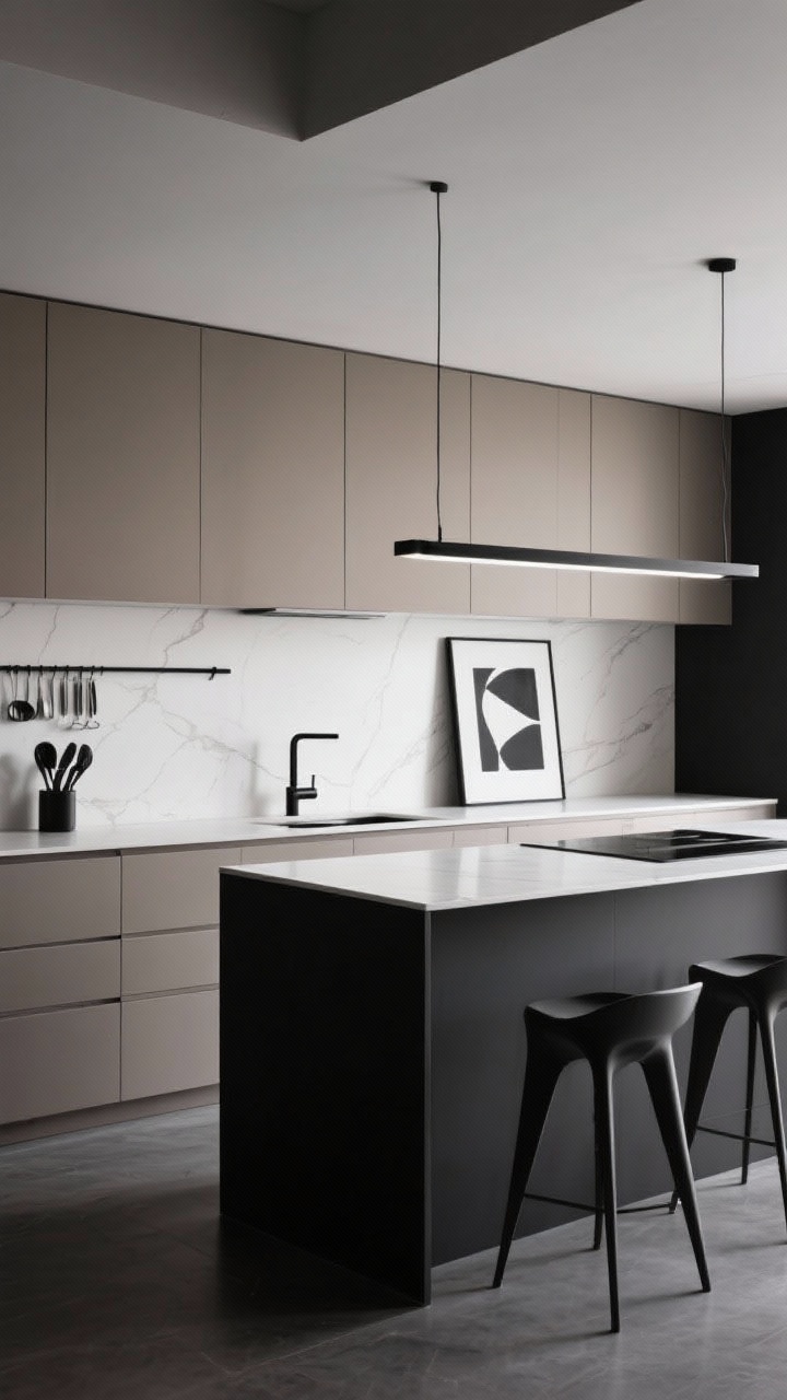 Medium, graphic European minimalist kitchen focused on a high-contrast black-and-white porcelain slab countertop carried seamlessly up the wall; matte taupe flat-front cabinets with concealed hinges and finger grooves (no visible pulls); a monolithic island block; thin-line black fixtures and a black anodized aluminum rail system for utensils; ultra-thin linear pendant over the island; sculptural stools and a single abstract print; crisp, dramatic lighting with strong geometry, no people.