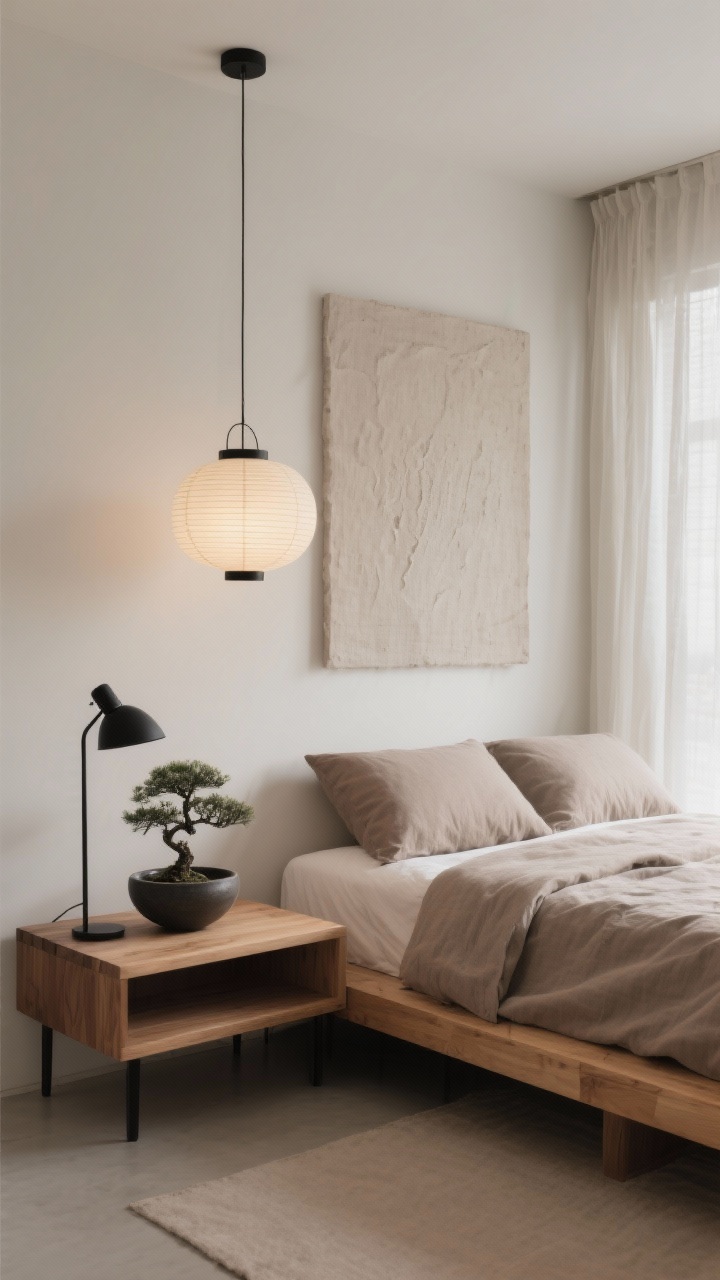 Medium Japandi bedroom vignette: low oak platform bed with simple lines, linen duvet in taupe/sand; cotton gauze curtains filtering soft light; paper lantern pendant providing diffused glow; matte black reading lamp; ash wood bench and matte black details; shallow ceramic bowl on a low nightstand, a single bonsai arranged ikebana-style; one neutral textured wall piece (fabric panel or plaster art); neutral, grounded palette of taupe, sand, black, warm wood; serene, intentional mood, photorealistic.