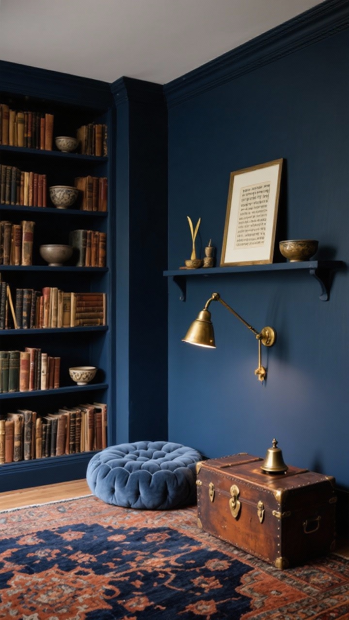 Medium, library corner angle: Deep library navy walls and built-ins filled with worn books, brass bookmarks, and ceramic bowls; a tufted floor cushion in slate blue beside a low vintage trunk styled as a tea altar; patterned rug in navy and rust underfoot; a brass swing-arm sconce provides adjustable spotlight on the cushion area; a tiny bell and a framed mantra card on the shelf at eye level complete the ritual feel; tones of library navy, brass, and rust accents; old-world calm, photorealistic, no people.