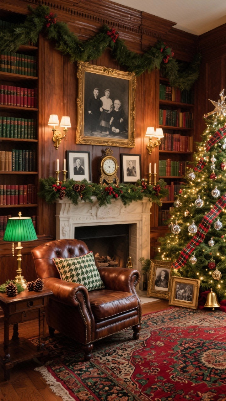 Medium library scene, Heritage Library Christmas: built-in walnut shelves lined with leather-bound books, evergreen garlands, brass picture lights, and framed black-and-white family photos; full-bodied tree glowing with tartan ribbon, mercury glass, miniature picture frame ornaments, and brass bells; green banker’s lamp on a side table; seating as a leather Chesterfield or club chair with plaid and herringbone pillows; mantel with a vintage clock flanked by candlesticks, holly and pinecones tucked in; deep Persian/Oriental rug in reds and greens; palette of emerald, oxblood, walnut wood, brass; warm ambient lighting with lamplight and tree glow, straight-on composition.