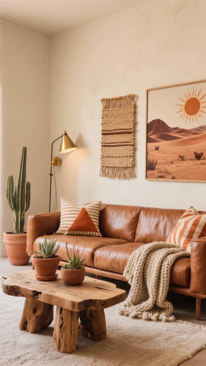 Medium living room vignette with desert tones: light warm beige walls; caramel leather sofa; chunky organic-edge raw wood coffee table; woven wall piece above the sofa; pillows mixing terracotta triangles and cream stripes; chunky knit throw draped casually; terracotta planters with a cactus and succulents; cone shade sconces with brass arms providing warm light; materials include saddle leather, raw wood, terracotta, cotton canvas; art leaning toward desert photography or abstract sun motifs in muted rust, ochre, and clay; cozy, grounded, photorealistic.