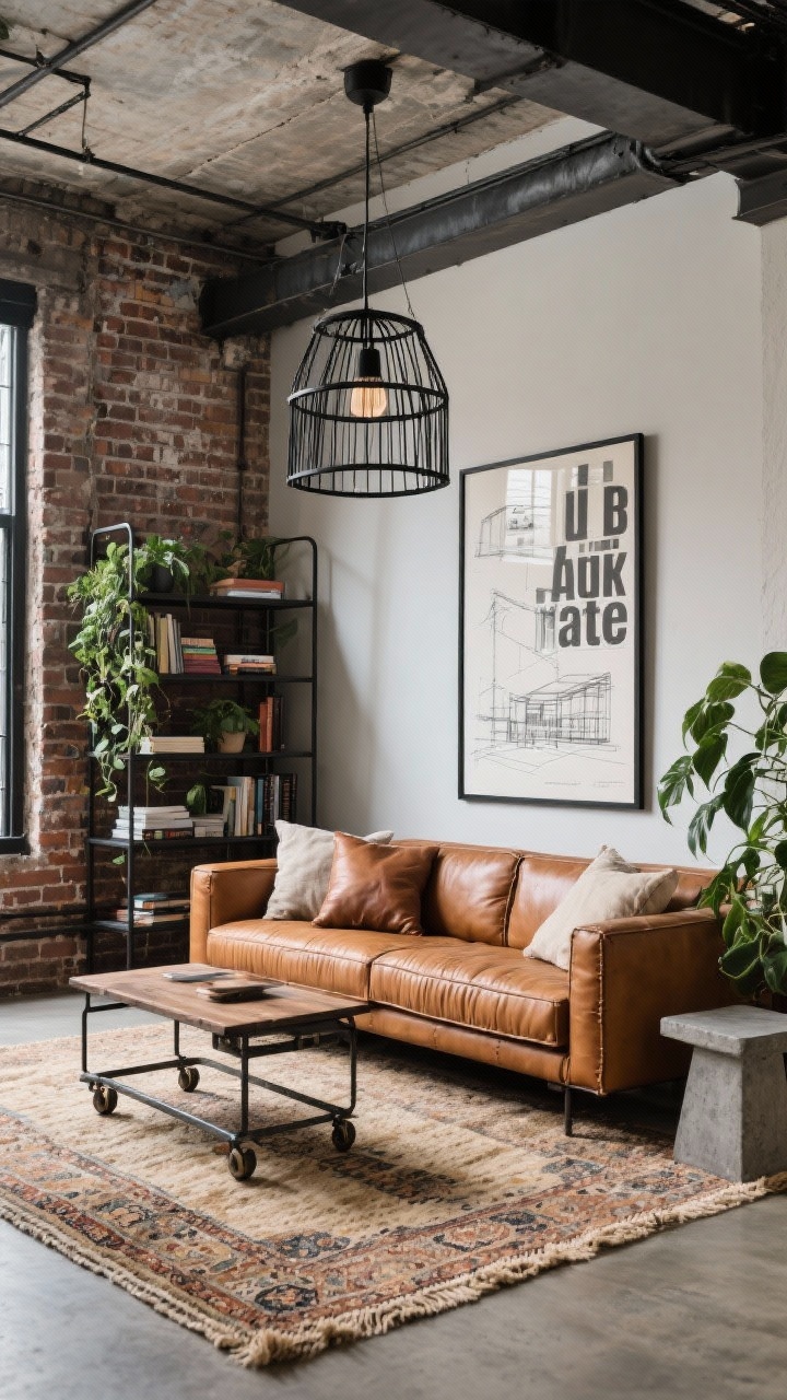 Medium loft angle, Urban Loft With Industrial Edge: A right-facing cognac leather sectional with squared arms and visible stitching set against exposed brick and tall ceilings. A vintage Persian rug layered over a larger natural sisal anchors the seating; a metal-and-wood coffee table on wheels adds workshop character. Black metal pendant or caged chandelier overhead, open black iron shelving styled with books and trailing plants. Art: an oversized typographic print and architectural sketches. Mixed linen and leather pillows, a concrete side table, and a lush pothos soften the space. Industrial, refined, photorealistic.