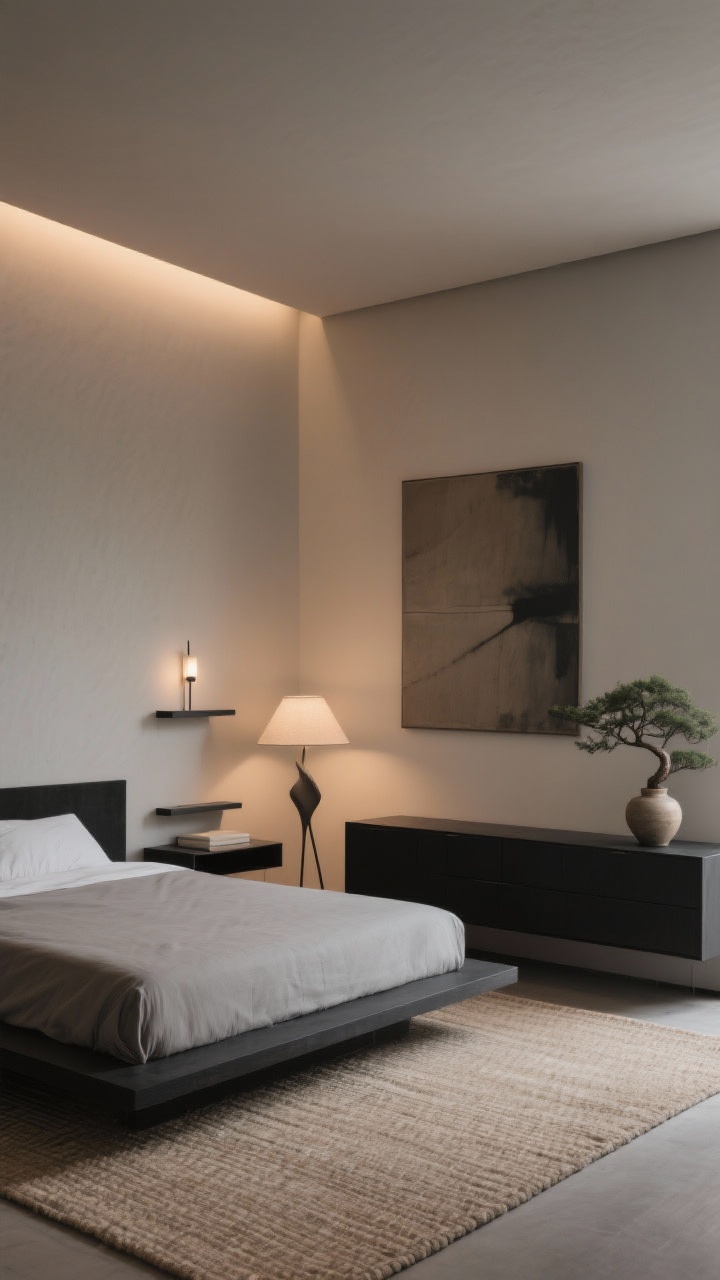 Medium, low-angle corner view of a minimalist zen bedroom featuring a low platform bed with no headboard on the longest wall, matte black, mushroom gray, and warm taupe tonal palette, minimal wall sconces mounted low, floating ultra-slim shelves as nightstands, a floating wall-mounted dresser, wide-weave oatmeal rug, one sculptural floor lamp, a single large abstract canvas, and a ceramic bud vase with a bonsai branch; soft, diffused evening light.