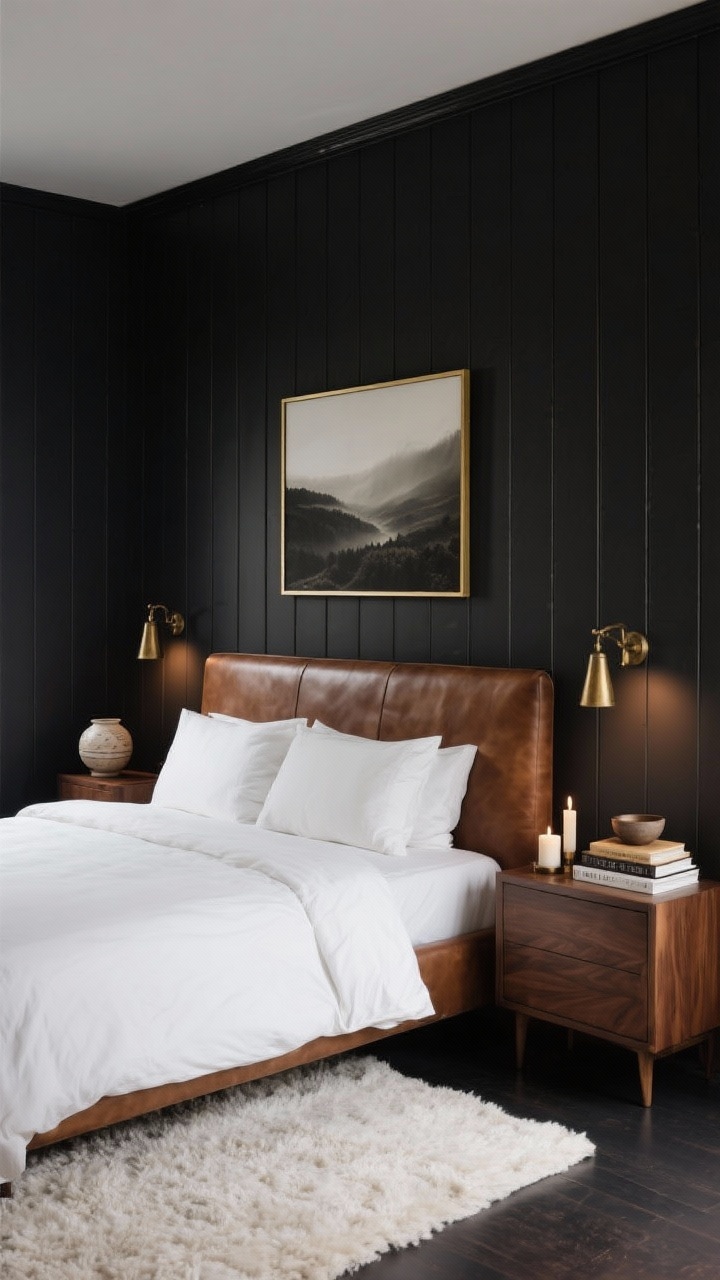 Medium, moody corner-angle shot of a charcoal-paneled cocoon bedroom: deep charcoal to near-black walls with skinny vertical paneling behind the bed. A tobacco leather headboard is flanked by aged brass swing-arm sconces. One large, moody landscape print in a thin brass frame is centered above the headboard. Walnut nightstands hold a ceramic catchall, candles, and a small stack of books. An ivory wool rug softens the floor, with grounded ivory bedding to keep the dark walls intentional, not cave-like. Palette: charcoal, tobacco, aged brass, ivory. Low, warm accent lighting for intimate, hotel-level coziness.