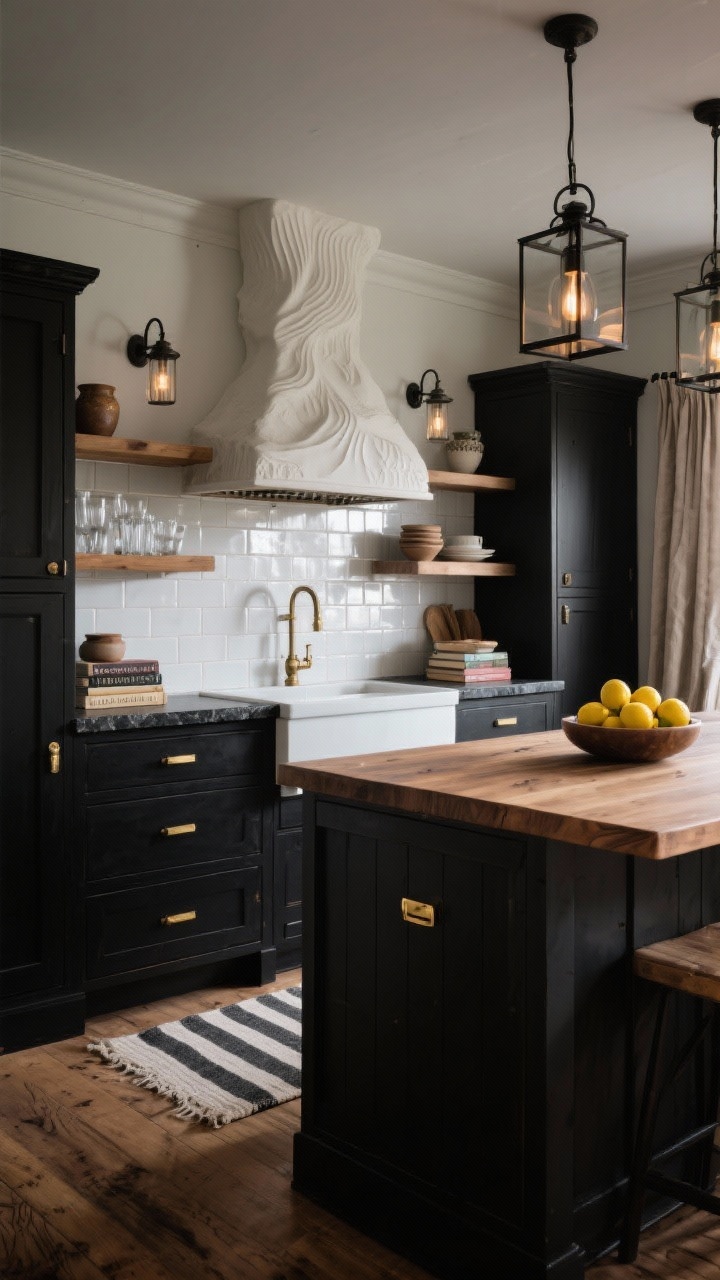 Medium, moody-modern cottage angle focusing on the island and shelving: black inset cabinetry with warm brass bin pulls, open white oak shelves styled with pottery, ridged glassware, and small stacks of vintage cookbooks. Glossy white zellige tile backsplash reflecting light, a sculptural plaster hood, and a natural wood island with dark soapstone or honed black quartz countertop. Industrial sconces over the shelves and iron-framed lantern pendants above the island. Medium oak wire-brushed flooring, black-and-ivory striped runner, flax linen café curtains, and a bowl of lemons popping against the dark cabinetry. Evening ambient glow, photorealistic.